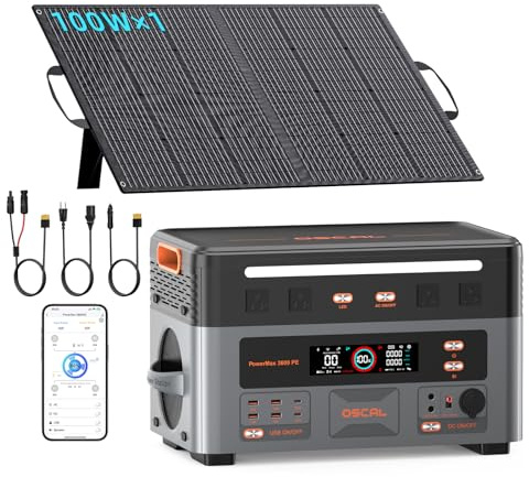 3600W Estación de Energía Portátil PowerMax 3600PE con 1 Panel 100W, Generador Solar 2016Wh, Batería LiFePO4, Carga Rápida 80% en 45min, APP, Power Station para Camping/Caravana/Emergencias