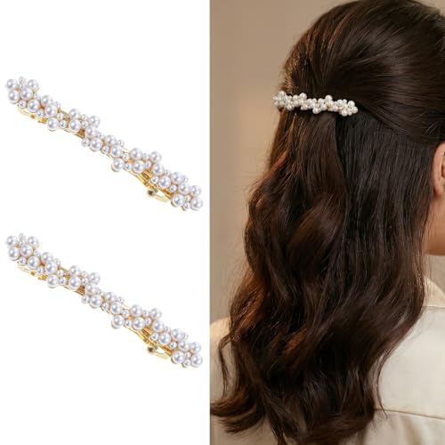 Shimmeroo 2Pcs Pearl Hair Clips,Pearl Barrettes French Hair Slides for Women