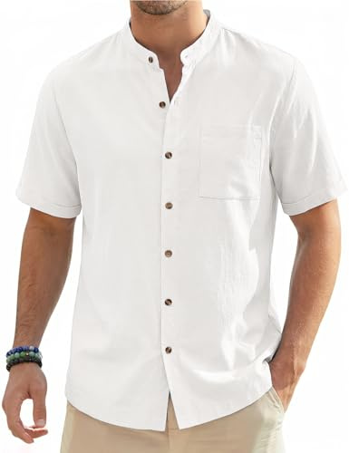 Xnova Camisa de Lino Hombre Manga Corta Verano, Camisas de Algodón y Lino Hombre Regular con Bolsillo Informal Cuello Mao Camisas con Botones para Playa Vacaciones y Trabajo