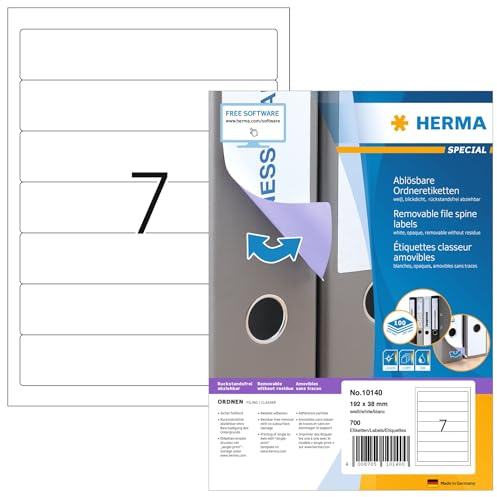 HERMA 10140 Ordnerrücken Etiketten ablösbar kurz schmal, 100 Blatt, 192 x 38 mm, 7 pro A4 Bogen, 700 Stück, selbstklebend, bedruckbar, blickdicht, Papier Ordneretiketten Rückenschilder Aufkleber, weiß