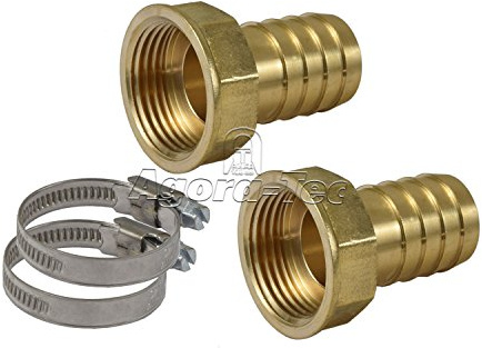 Agora-Tec® Schlauchanschluss Set für 1 Zoll (25,4mm) Schlauch mit 2 Messing Schlauchtüllen 1 Zoll IG (30,3mm), 2 Edelstahlschlauchschellen und 2 Meter Gewindedichtfaden