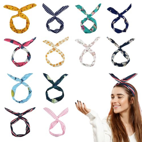 LZYMSZ 12PCS Twist Bow Wired Stirnbänder, Haarband Draht Haartücher Damen, Yoga Kopf Wraps Sport Turban, Vintage Printed Criss Kreuz verknotet für Frauen Mädchen (12-color)