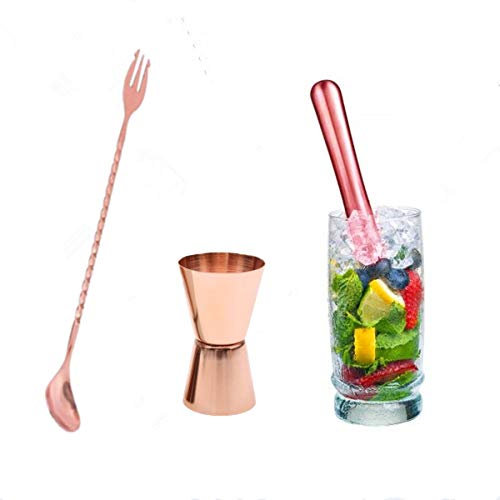 Cocktail-Stößel mit Kupfer-Finish, gedrehter Rührlöffel mit Gabel, Doppel-Messbecher-Set, Bar-Werkzeug, Essentials, professionelles Bar-Werkzeug-Set (Roségold)