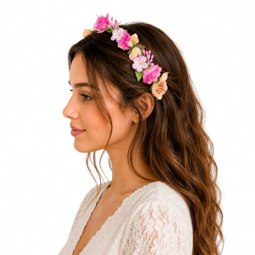 Blumen Haarreif „Sabia“ – Romantischer Haarschmuck mit Rosen & Blüten für Damen & Mädchen – Perfekt zum Dirndl, zur Hochzeit, Kommunion oder Festival (Pink/Creme, Einheitsgröße)