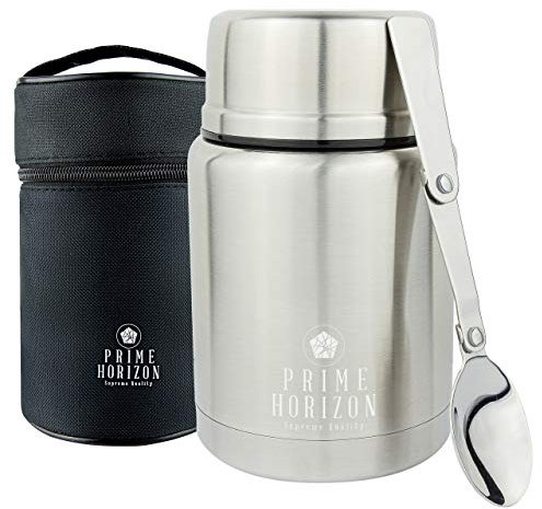 Prime Horizon Food Flask - 500ml Stainless Steel Vacuum Double Wall Jar with Folding Spoon, Leakproof and BPA Free. Free Insulated Travel Bag with Carabiner and Gift Box (Silver)