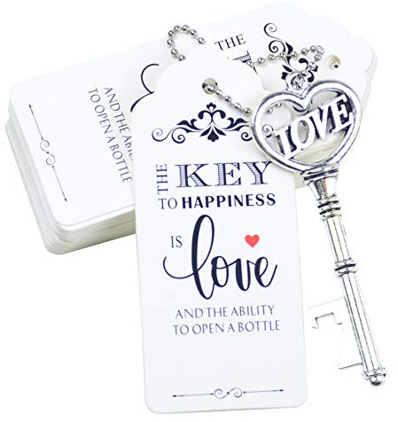 Aokbean 52 pezzi Vintage Scheletro Chiavi Apribottiglie Bomboniera Set regalo Souvenir Ospite con Escort Grazie Tag e Portachiavi(Argento Antico)