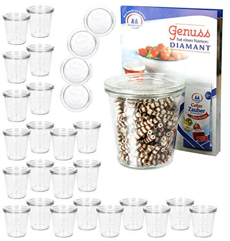 MamboCat 24er Set Weckgläser mit Deckel Sturzglas 290 ml I Original Weck Sturzglas Dessertglas I Einweckgläser mit Deckel für Kuchen Gelees UVM I inkl. Diamant-Zucker Gelierzauber Rezeptheft