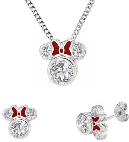 Kaguyo Schmucksets für Frauen, Sterlingsilber, klare Zirkonia, Mickey-Mouse-Anhänger-Halskette mit roter Emaille-Schleife, Minnie-Mouse-Ohrstecker, Schmuck für Frauen und Mädchen, Geburtstagsgeschenk