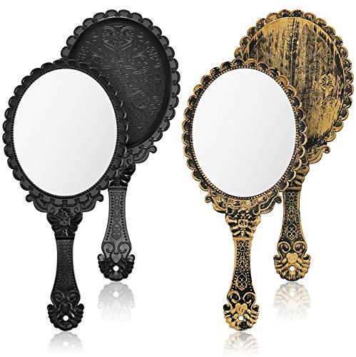 Jetec Vintage Handheld Mirrors, 2 Pieces, Black, Bronze, Oval Shaped, Portable, Compact, with Handle, Ideal for Makeup, Hair Styling, Skin Care, Hanging as Decor