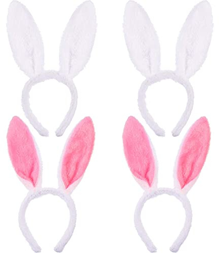 Miss-shop Diadema de Orejas de Conejo,Headband de Oreja de Conejo 4 piezas Rosa y Blanco Lindo Felpa Peluche Orejas de Conejo para Accesorios de Disfraz de Fiesta de Pascua