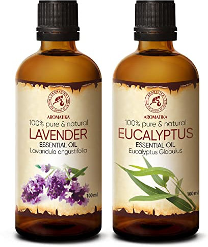 Ätherische Öle Set 2x100ml - Lavendel Öl und Eukalyptus Öl - Aromatherapie Ätherische Öle für Diffusers und Duftlampen - Eukalyptusöl für Duftkerzen und Seifen - Lavendelöl für Haut und Raumduft