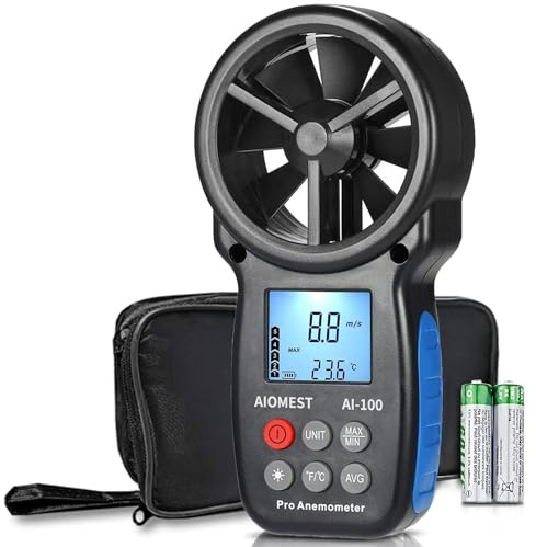 Windmesser Digitalen Anemometer, AIOMEST hand Windmessgerät AI-100 Windgeschwindigkeit Messen 90 km/h, Testlufttemperatur ℃/℉, Wind Speed Meter für VMC Lüftungsanlage Luftmessung Jagd Windsurfen