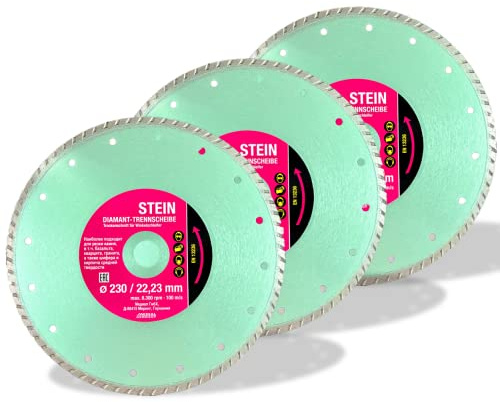 Lot de 3 disques à tronçonner diamantés universels G-STONE Turbo pour coupe à sec béton, granit, pierre et brique, Ø 230 mm