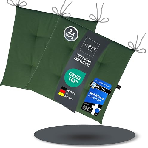 LILENO HOME 2er Set Stuhlkissen Dunkelgrün (40x40x4,5 cm) - Sitzkissen für Gartenstuhl, Küche oder Esszimmerstuhl - UV-beständige Indoor u. Outdoor Stuhlauflage als Stuhl Kissen (Laura FUM)