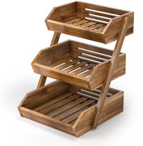 G.a HOMEFAVOR Fruit Basket: 3-Tier Acacia Wood Fruit Bowl for Kitchen, Fruit Stand Storage Holder for Vegetables and Snack Home Kitchen Countertop Organizer (Self-assembly)