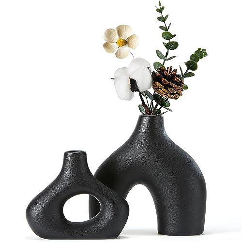 CEMABT Black Ceramic Vase Set of 2 for Modern Minimalist Bohemian Decor，Round Matte Donut Vases for Pampas Grass-Perfect for Living Room, Dining Table, Office Bedroom Shelf Decor Entryway, Console