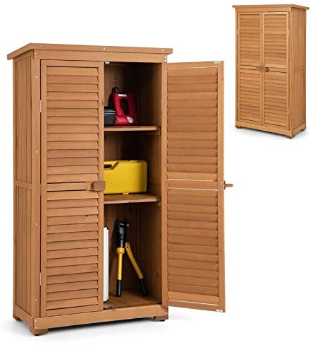TANGZON Wooden Garden Storage Shed, Outdoor Tool Storage Cabinet with 3 Detachable Shelves, Tilt Asphalt Roof & Lockable Doors, Vertical Tool Organizer House Closet for Patio Deck Yard, 82x42x160cm