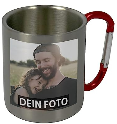 Edelstahl-Tasse mit Foto und Wunschtext (Rechtshänder) | Tasse mit Karabiner personalisiert | Edelstahltasse mit Karabiner gestaltbar