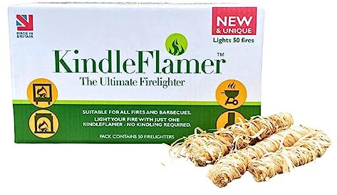 KindleFlamer Grill- und Kaminanzünder mit Anzündholz 50 STK. I Anzündwolle I 2-in-1 Anzünder Holzwolle für Pizzaofen, Feuerschale, Kamin & BBQ Grill