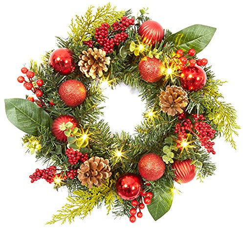 LinTimes 18 In Pre-lit Christmas Wreath for Front Door, 45cm Red Front Door Wreaths with 15 LED Lights, Xmas Baubles, Berries, Pine Cones for Fireplace Wall Door Christmas Outside Decoration