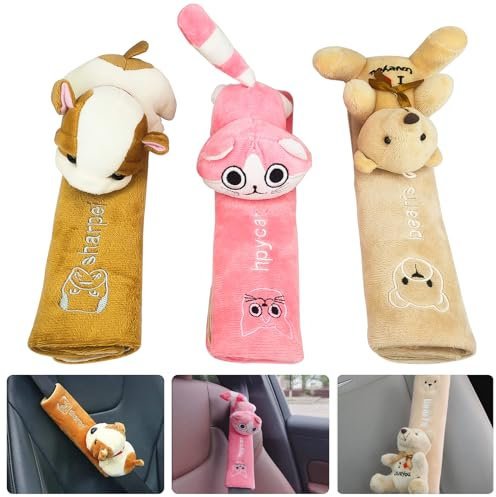 NINGYER 3 Stück Gurtpolster Kinder, Karikatur Gurtpolster Auto Kinder, Atmungsaktiv und Hautfreundlich Gurtschoner Auto, Geeignet Für Auto-Sicherheitsgurt-Rucksack-Umhängetasche (3 Farben)