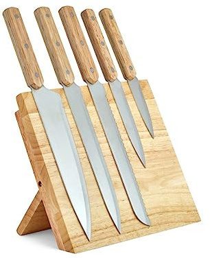 Livoo - Set med 5 knivar och magnetisk hållare MEC136-5 knivar, hevea trähandtag 3 nitar, rostfritt stål