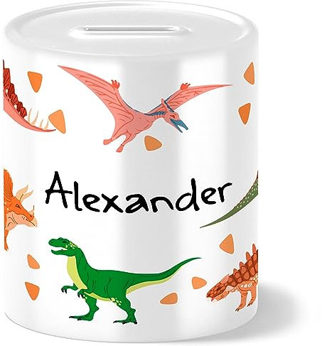OWLBOOK® Dino Spardose personalisiert Jungen | Geschenke zur Einschulung Junge | Taufgeschenke Jungen | Geschenk Taufe | Sparschwein | Sparbüchse | Wiederverschließbar | Dinosaurier Bande