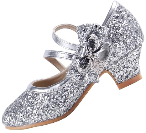 EIGHT KM Flickors högklackade skor Mary Jane prinsessa bröllop festpumps EKM7035 Glittrande Glitter Kristall Metallbåge Silver EU-storlek 31