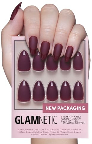 Glamnetic Press On Nails - Merlot | Short Almond Dark Red Nails with Glossy French Tips in a Matte Finish | 15 Sizes - 30 Nail Kit with Glue