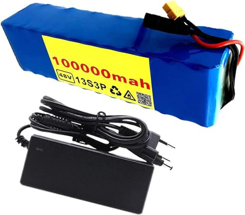 QmEna Batería de Bicicleta eléctrica 48V 100Ah, batería de Iones de Litio 18650,100000Mah 13S3P E-Bike Batería de Iones de Litio BMS Incorporado, Motor de Bicicleta eléctrica T Plug