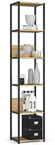 AKORD Libreria Industrial Style a 6 Ripiani 40 cm | Libreria Ferro e Legno | Aperto | Struttura a Scaletta | Scaffali autoportanti per Ufficio Cucina Bagni Soggiorni | Biblioteca Nero/Rovere Artisan