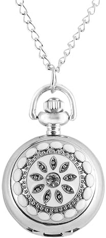 HIFFEY Moda Argento Bianco Ceramica Fiore Cristallo Orologio da Tasca al Quarzo di Piccole Dimensioni Collana Pendente Donna Signora Ragazza Regalo di Compleanno
