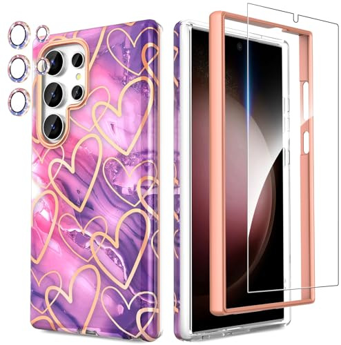 SHEDEER für Samsung S24 Ultra Hülle mit Glitzer Kameraschutz + Displayschutz, Samsung Galaxy S24 Ultra Hülle Schick Anti-Vergilbung Muster, Stoßfest Kratzfest Handyhülle für S24 Ultra 6.8'', Lila+Herz
