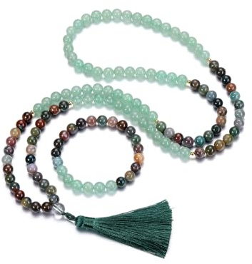 Jovivi 108 Perlen Mala Kette mit Quaste 8mm Gebetskette + Heilstein Tibetisches Armband Yoga Meditation Schmuck Set Damen