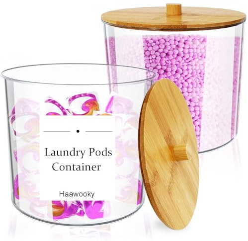 Haawooky 2 Pack Laundry Pods Container,93 oz Large Acrylic Laundry Storage Jars with Bamboo Lids,Detergent Holder for Bath Bombs,Dryer Balls,Scent Boosters,Laundry Room Organization