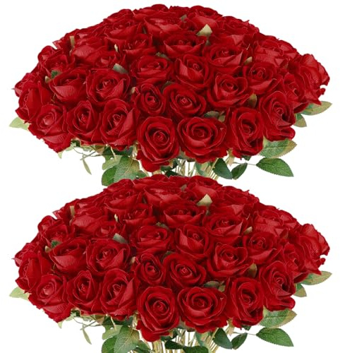 Rowfad Künstliche Rosen, Samt, Seidenrosen, rote Rosen für Hochzeit, Hochzeitsstrauß, Muttertag, Valentinstag, Weihnachten, Heimdekoration, 60 Stück, Rot