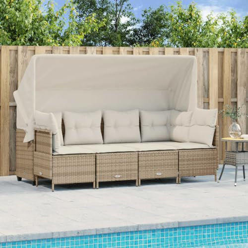 Homgoday 5-TLG. Garten-Sofagarnitur mit Kissen Balkonmöbel Gartenmöbel Gartensofa mit Dach Loungemöbel Sitzgruppe Sofagarnitur Ecksofa für Balkon Terrasse Beige Poly Rattan