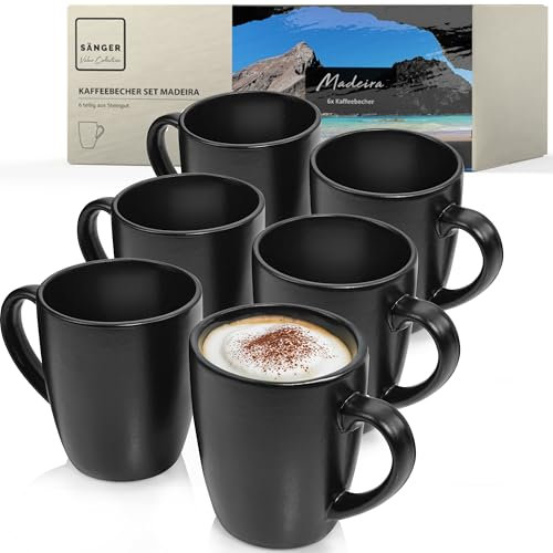 Sänger Madeira | Kaffeebecher 6 Personen, Steingut Kaffeetassen Set 6er, Tassen Set Teetasse Set spülmaschinenfest mikrowellenfest, Coffee Mug multifunktional schwarz matt 350 ml | VALUE COLLECTION