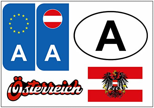 Daged Österreich Aufkleber Karte 5 Stück - Auslandskennzeichen Nummernschild PKW Auto Motorrad Biker Flagge Fahne Vinyl KN