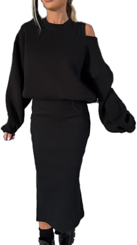 Damen-Set Mit Sweatshirt Mit Schrägen Schultern Und ärmellosem Kleid, Schulterfreiem Tanktop-Kleid Für Damen,asymmetrischen Oberteilen Mit Schlitz Am Saum Und Figurbetonten Midi-Rock-Sets (Schwarz,S)