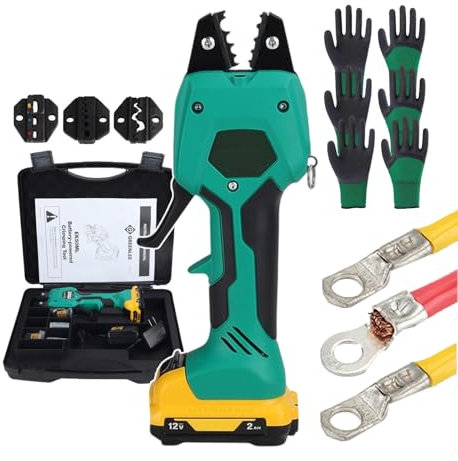 forplubossmmp Pinza Crimpatrice Idraulica Elettrica per Terminali (con 12 Guanti), Pinza Crimpatrice Idraulica per Cavi con 3 Teste di Filiera Sostituibili, 1 Batteria, 1 Caricabatteria - 0,25~10 M㎡