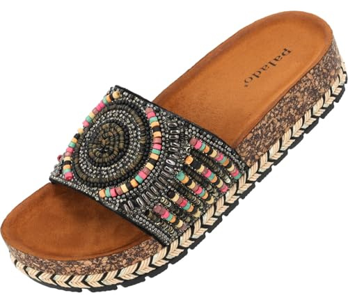 Palado Plateau-Sandalen Damen Olafir - bequeme Pantoletten - elegante Hausschuhe - modische Sommerschuhe Schwarz UK7 - EU40