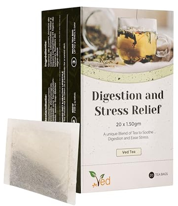 Ved Digestion & Stress Relief Herbal Tea, cumin seeds, cinnamon bark, lemongrass, Caffeine-Free Soothing Tea for Gut Health & Relaxation – 20 Tea Bags