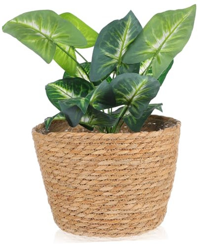 Toyvian Cesta Tejida para Macetas De Interior y Exterior, Cesta De Flores Tejida Mediana, Hecha a Mano Fibra Natural De Paja, Porta Flores Multifuncional para Decoración del Hogar