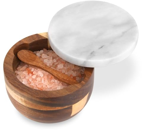 TABHOUKIT Salt Cellar Box with Lid & Spoon, White Marble Lid | Modern Stone Salt or Pepper Sugar Spice Seasoning Bowl Container Jar Holder Well Keeper Dish Pig Crock for Kitchen