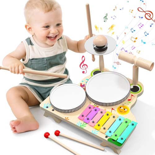 Skirfy Musikinstrumente für Kinder, Holzspielzeug Schlagzeug Set mit Trommelstöcken & Xylophon, Lernspielzeug für Jungen & Mädchen ab 3 4 5 Jahren, Montessori Sensorik Spielzeug-Early Learning Toy