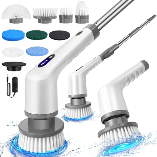 Electric Spin Scrubber, 9 in 1 Cleaning Brush, 320RPM Powerful Dual Speed Bathroom and Kitchen Scrubber with Extension Arm for Tile, Wall, Floor, and Shower
