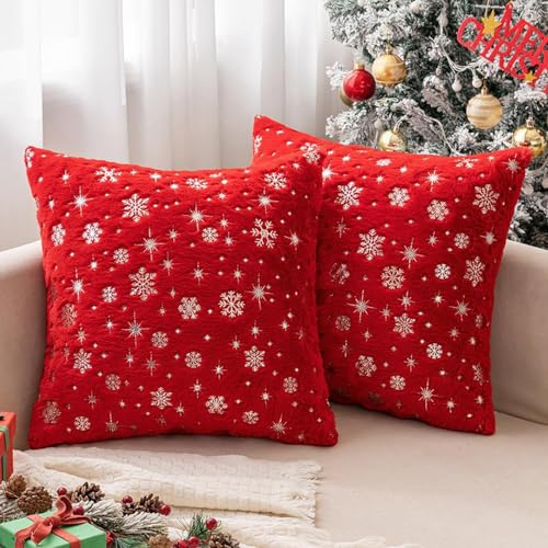 ALINK 2er Kissenbezüge Weihnachten, Kuschelkissen,Flauschig Schneeflocken Dekokissen,Sofakissen, Plüschkissen Fellkissen Couchkissen Kissenhülle Zierkissenbezug für Wohnzimmer 45x45 cm-Rot