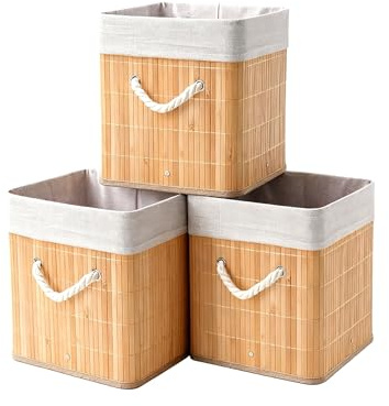 BM Cestini Portaoggetti in Bambù Pieghevoli 30x30x30 cm,Set di 3 Scatole Contenitori Salvaspazio con Manici in Corda, Organizer per Armadio, Bagno, Camera e Soggiorno