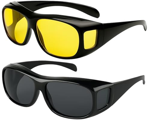 DqiUnaX Nachtfahrbrille, Nachtsichtbrille Für Autofahrer, 2 In 1 Set Mit Gelben Und Grauen Gläsern, Blendfreies Sehen Bei Nacht Und Nebel, Ideal Für Nachtfahrer Und Brillenträger
